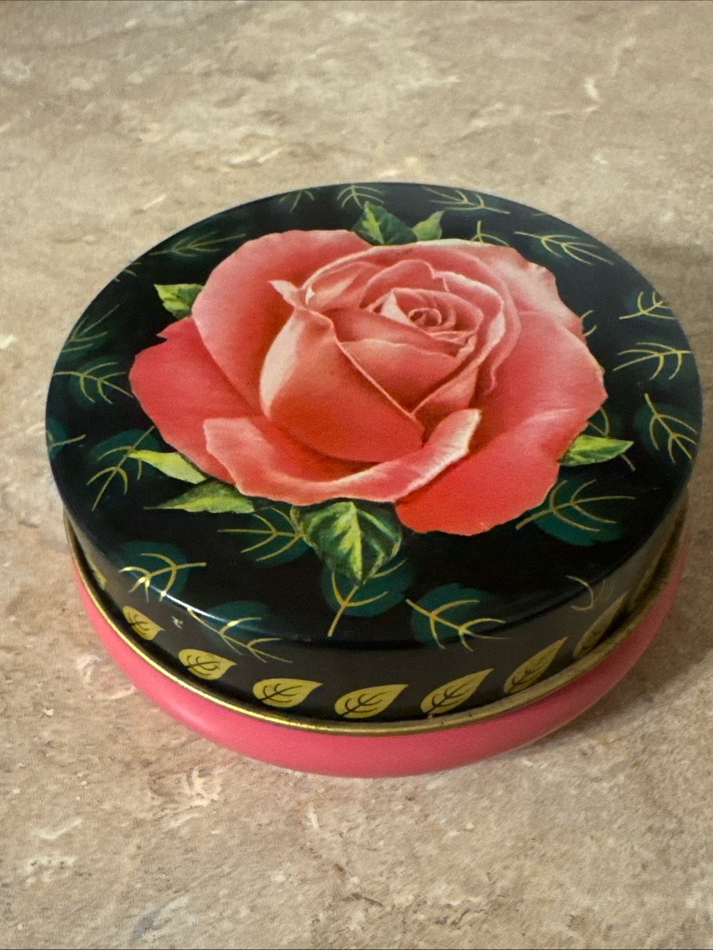 vintage midcentury round toffee tin From Riley's Toffee Halifax Pink Rose MCM